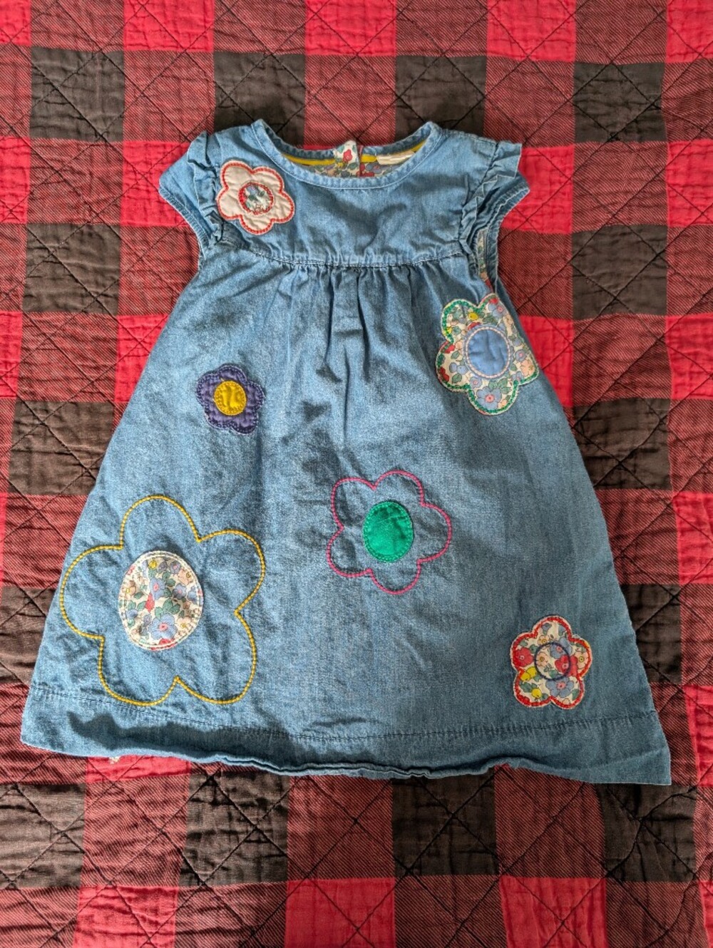 Mini Boden Girls' Denim Flower Appliqué Dress - Blue